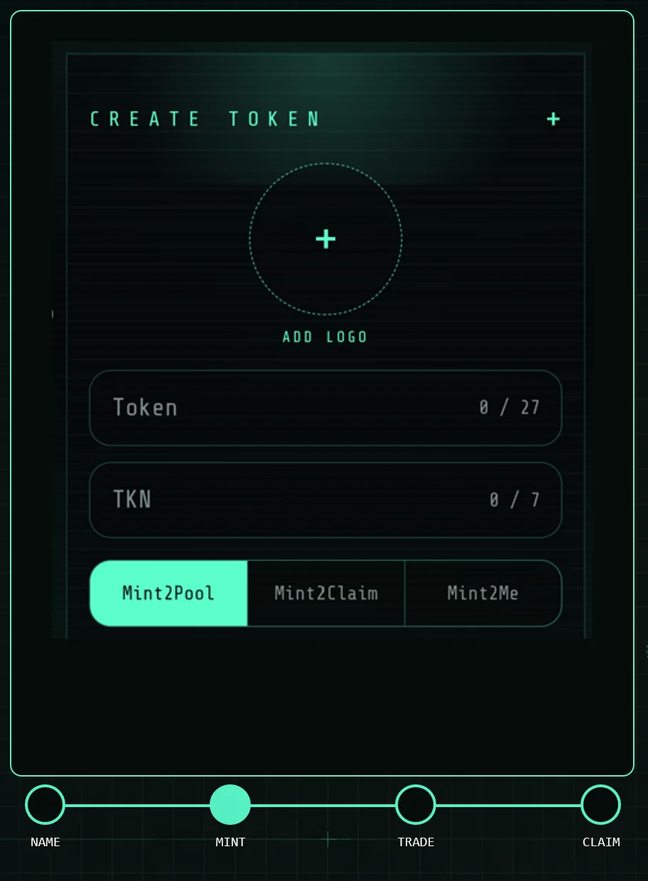 TKN create-token screen with Mint2Pool, Mint2Claim, and Mint2Me launch choices.